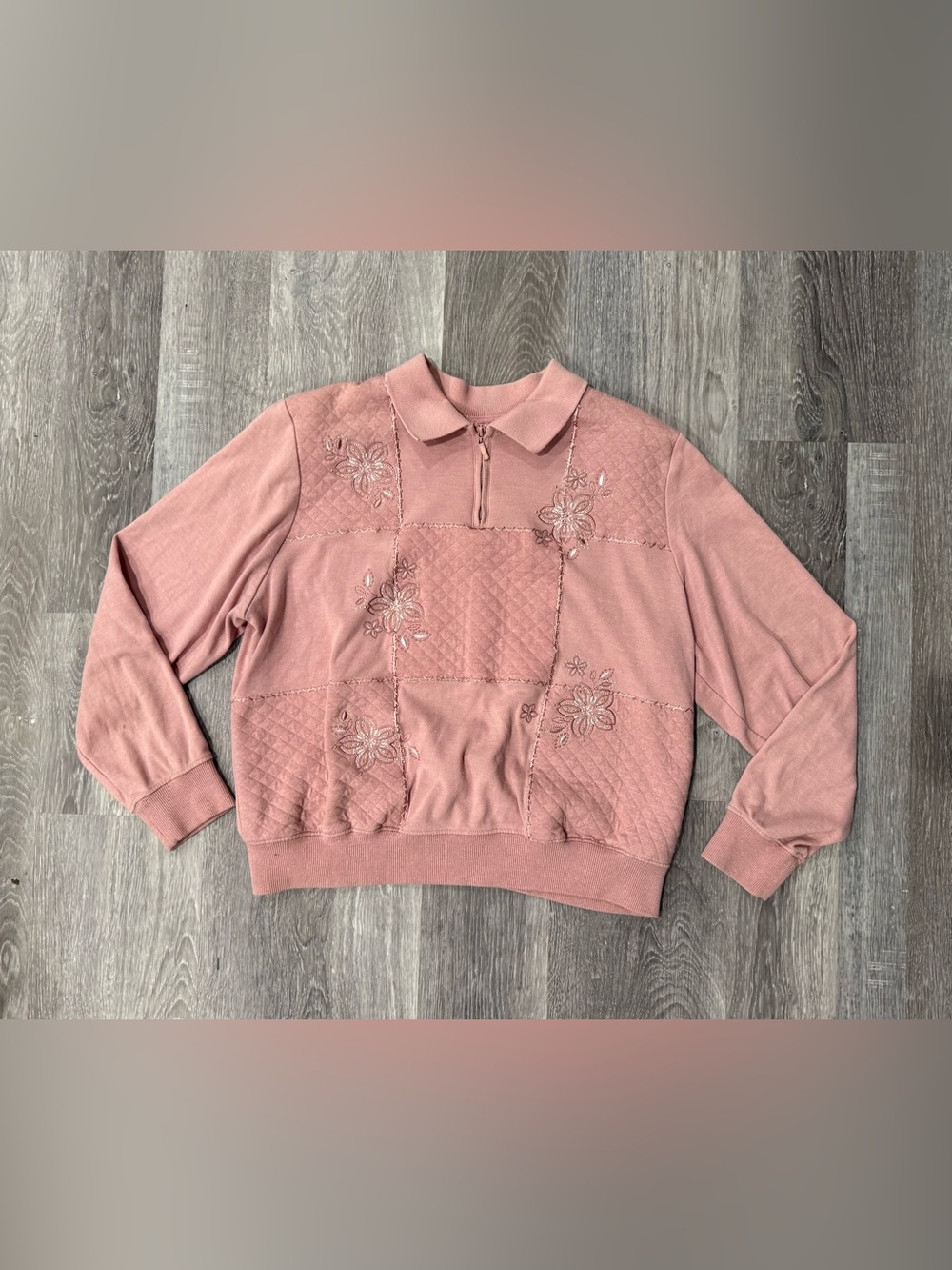 Vintage Dusty Rose Quarter Zip Grandmacore Cottagecore Quilted Floral Sweatshirt